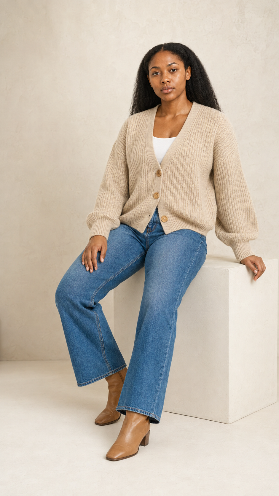 NAMOY model wearing an oatmeal rib-knit cardigan with denim