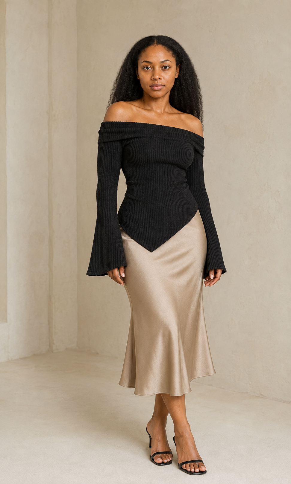 NAMOY model wearing a black off-shoulder knit top with a satin skirt